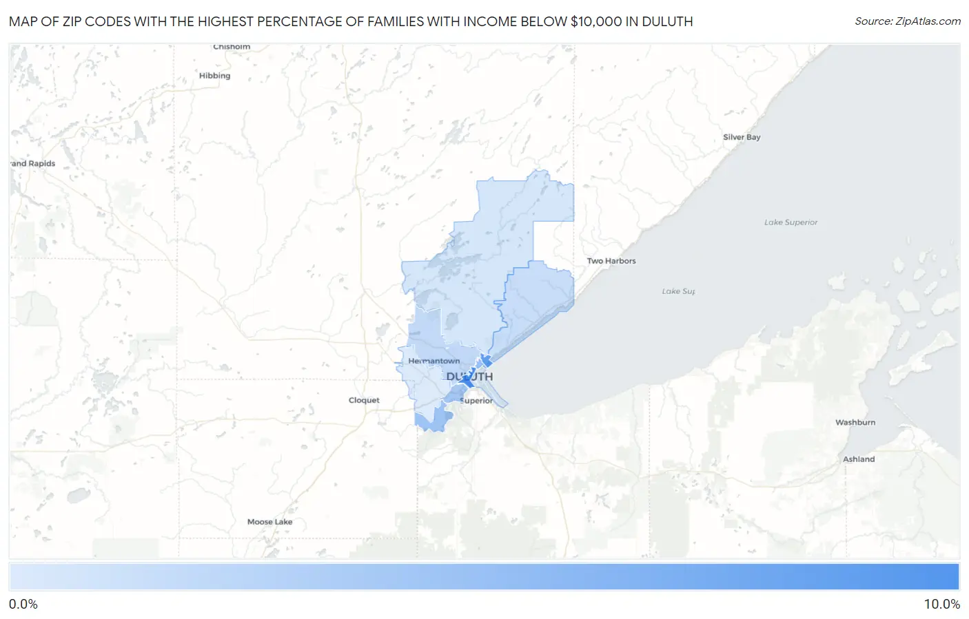 Zip Codes with the Highest Percentage of Families with Income Below $10,000 in Duluth Map