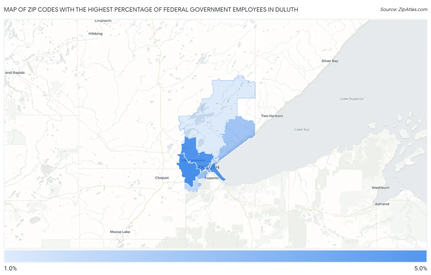 Zip Codes with the Highest Percentage of Federal Government Employees in Duluth Map