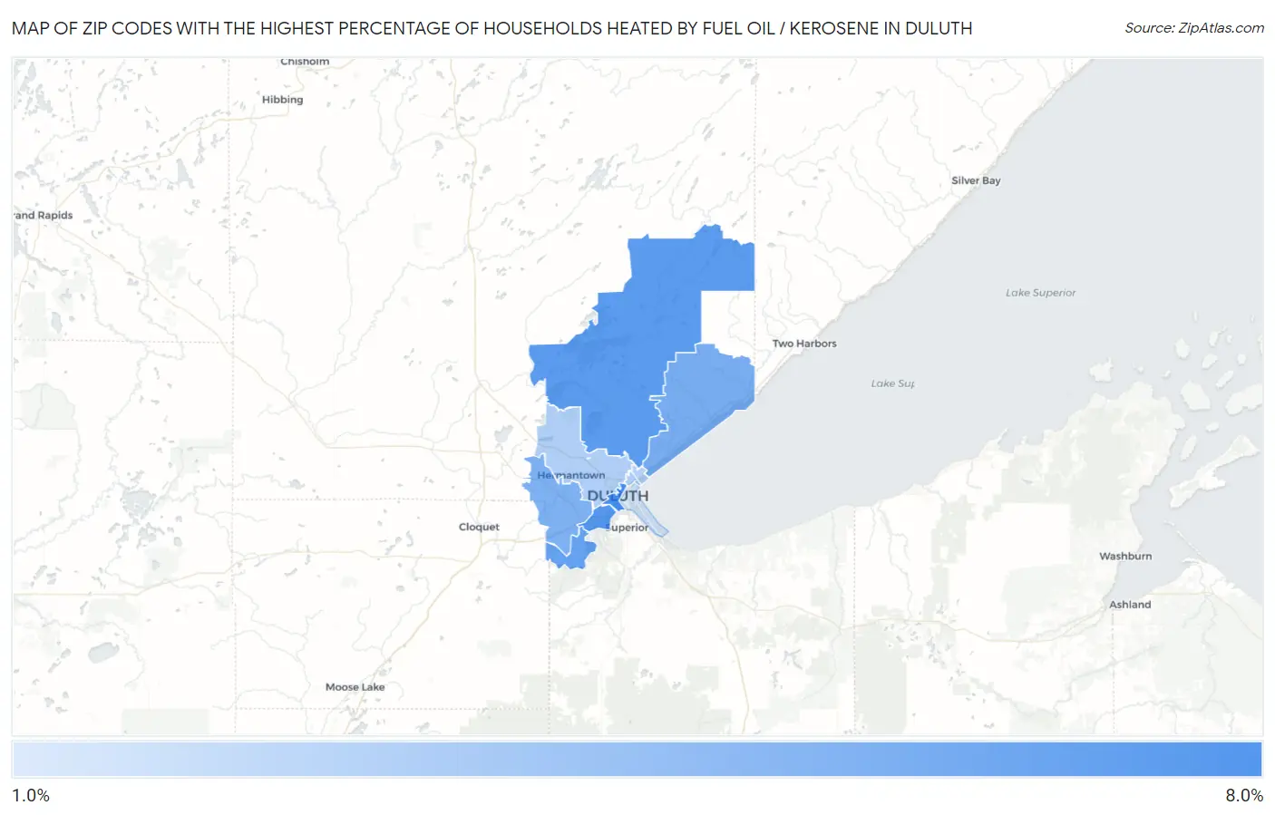 Zip Codes with the Highest Percentage of Households Heated by Fuel Oil / Kerosene in Duluth Map