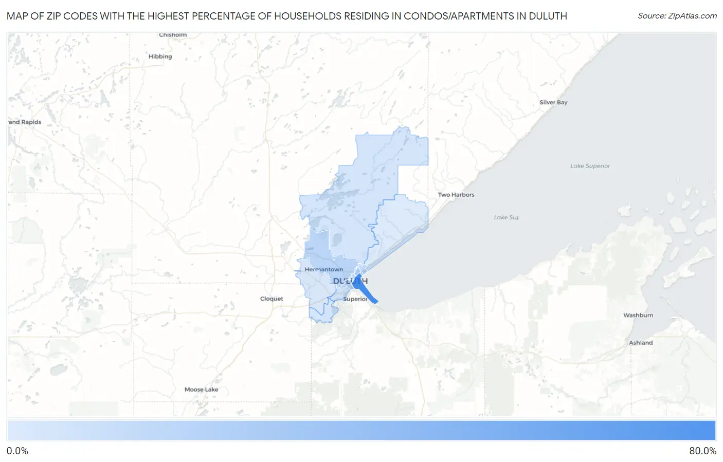 Zip Codes with the Highest Percentage of Households Residing in Condos/Apartments in Duluth Map