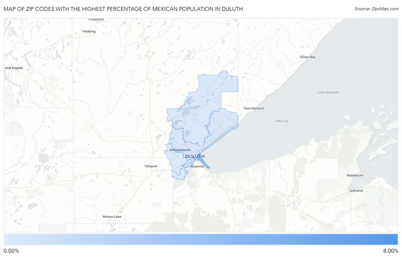 Zip Codes with the Highest Percentage of Mexican Population in Duluth Map