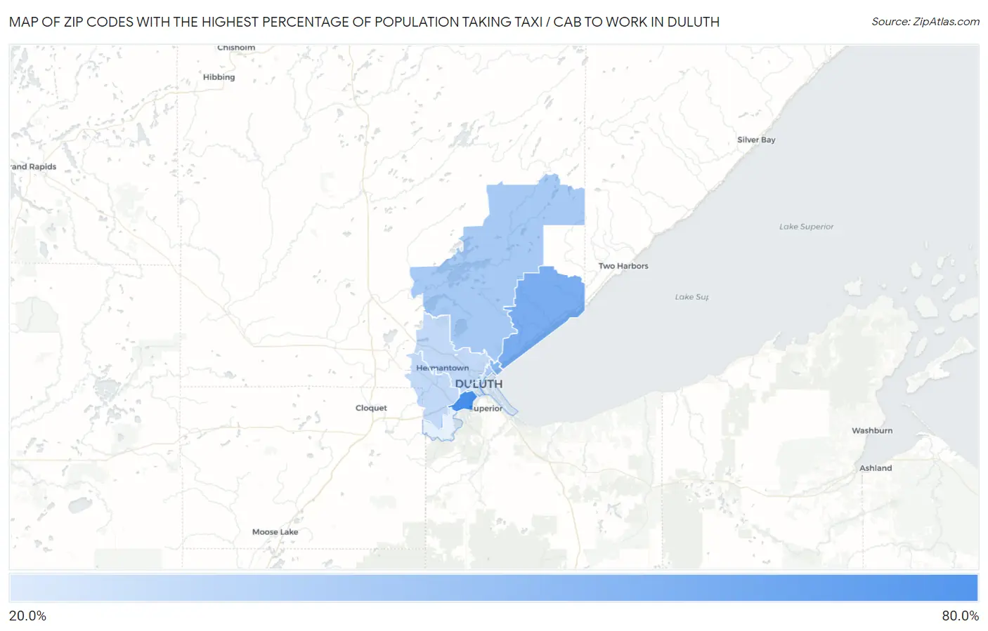 Zip Codes with the Highest Percentage of Population Taking Taxi / Cab to Work in Duluth Map