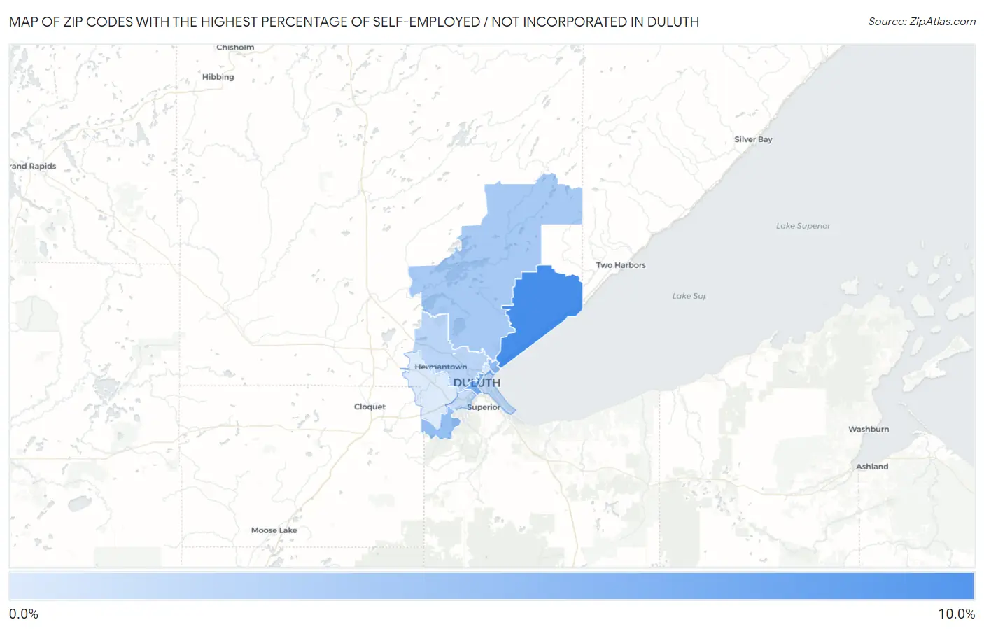 Zip Codes with the Highest Percentage of Self-Employed / Not Incorporated in Duluth Map