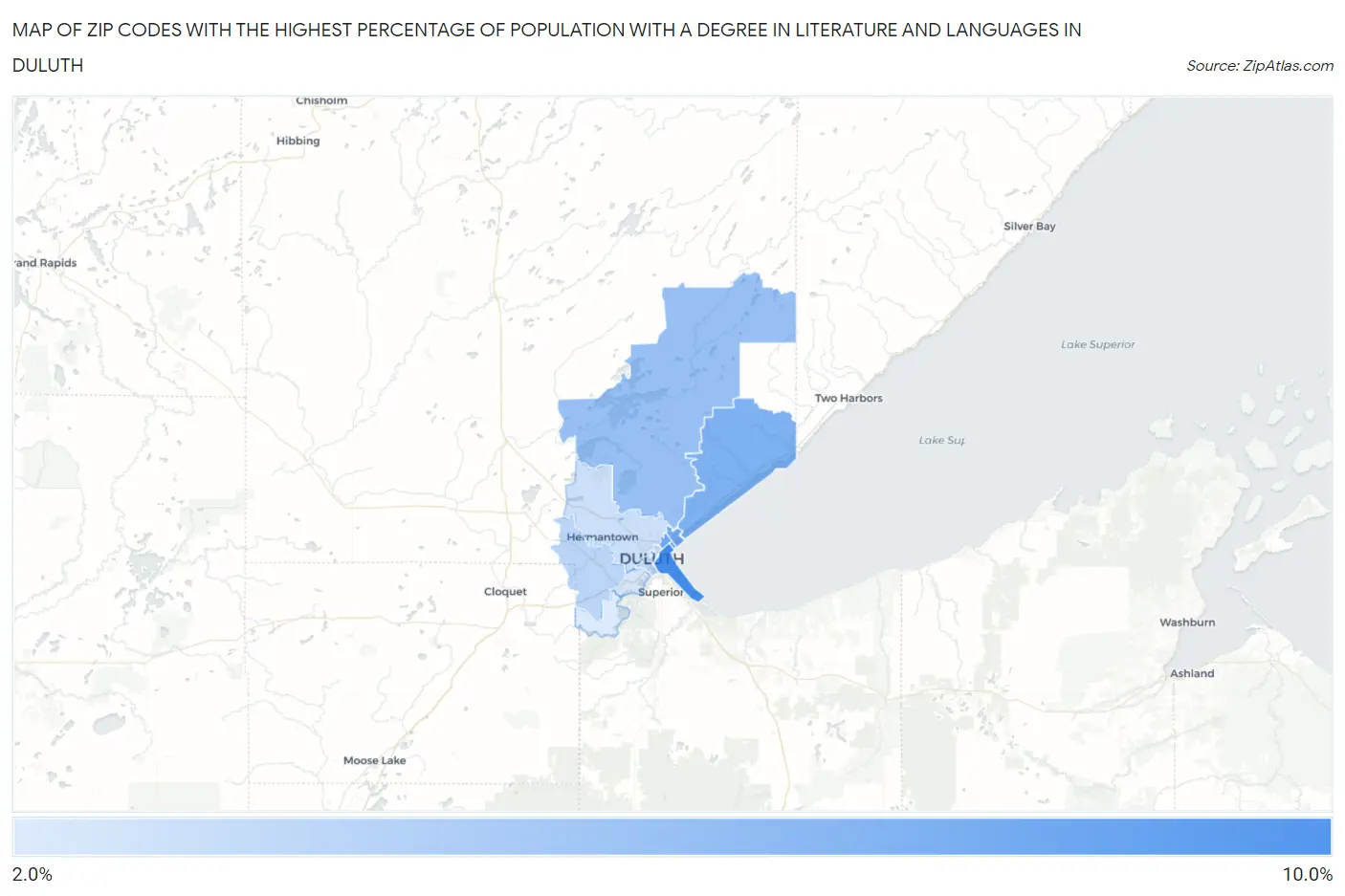 Zip Codes with the Highest Percentage of Population with a Degree in Literature and Languages in Duluth Map