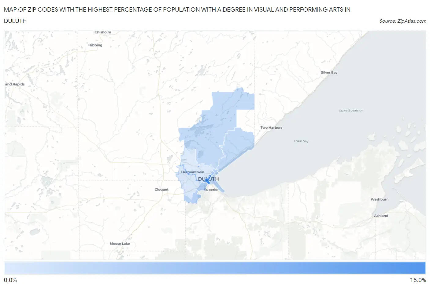 Zip Codes with the Highest Percentage of Population with a Degree in Visual and Performing Arts in Duluth Map
