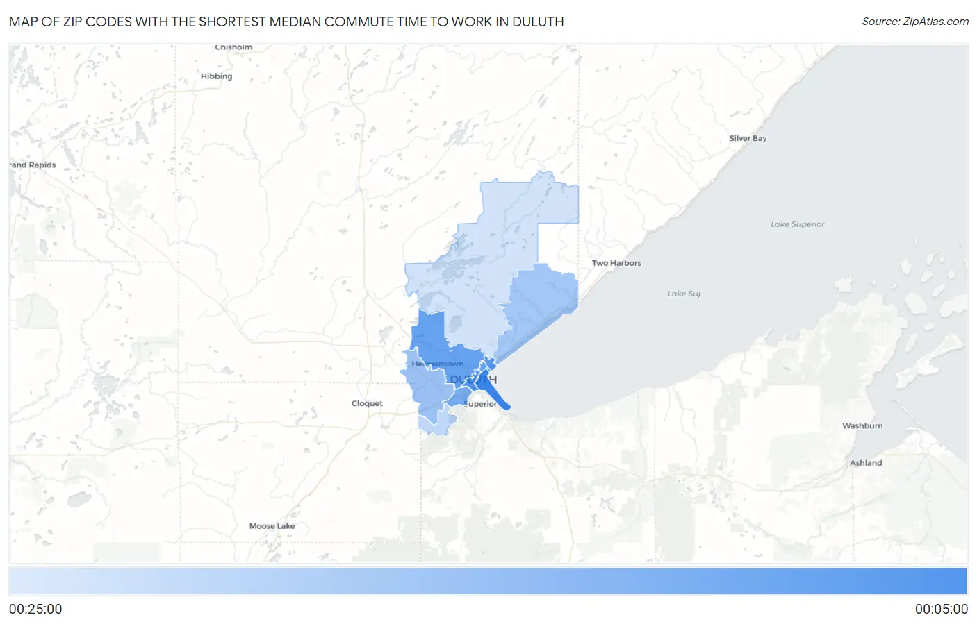 Zip Codes with the Shortest Median Commute Time to Work in Duluth Map