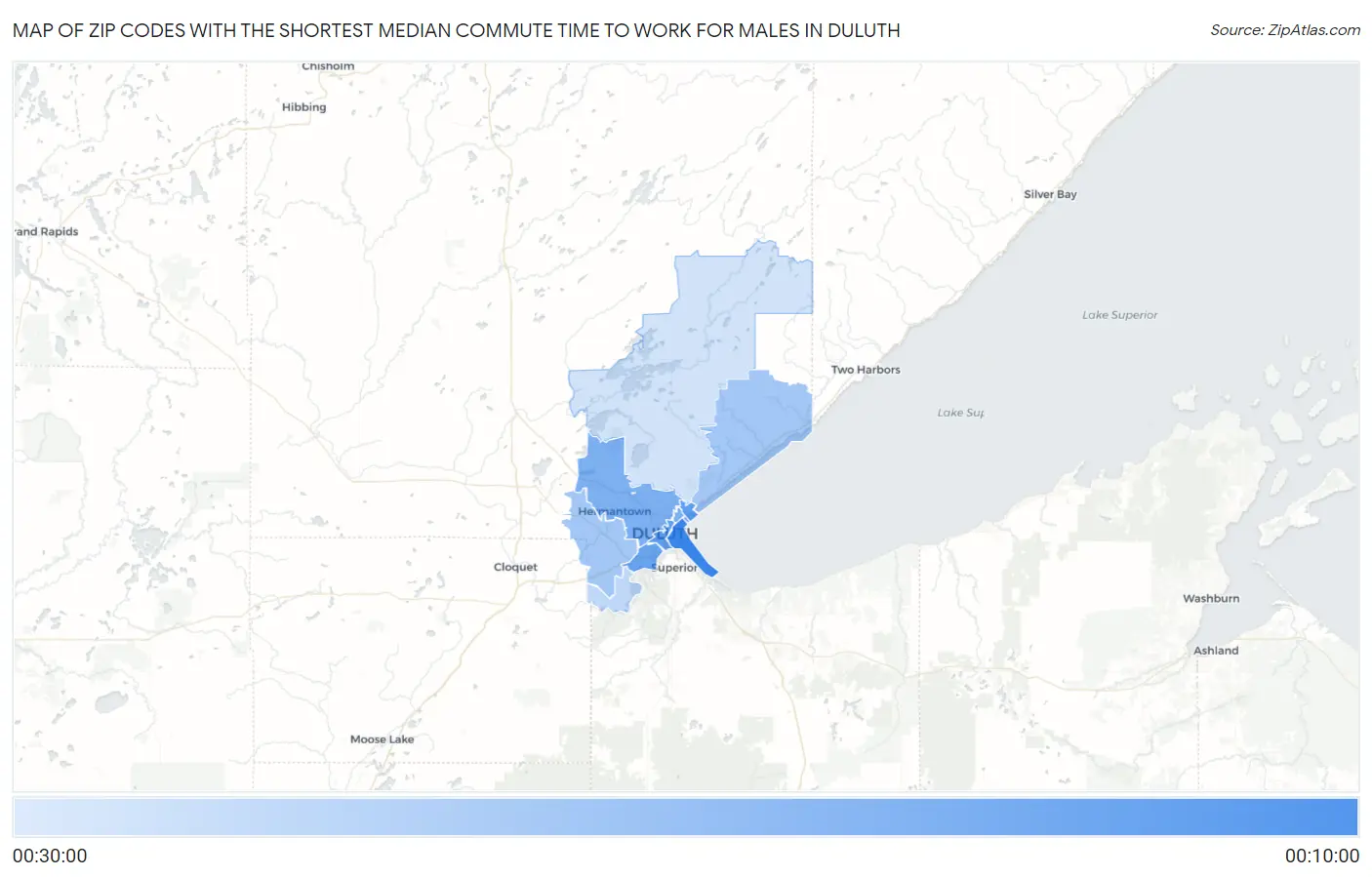 Zip Codes with the Shortest Median Commute Time to Work for Males in Duluth Map