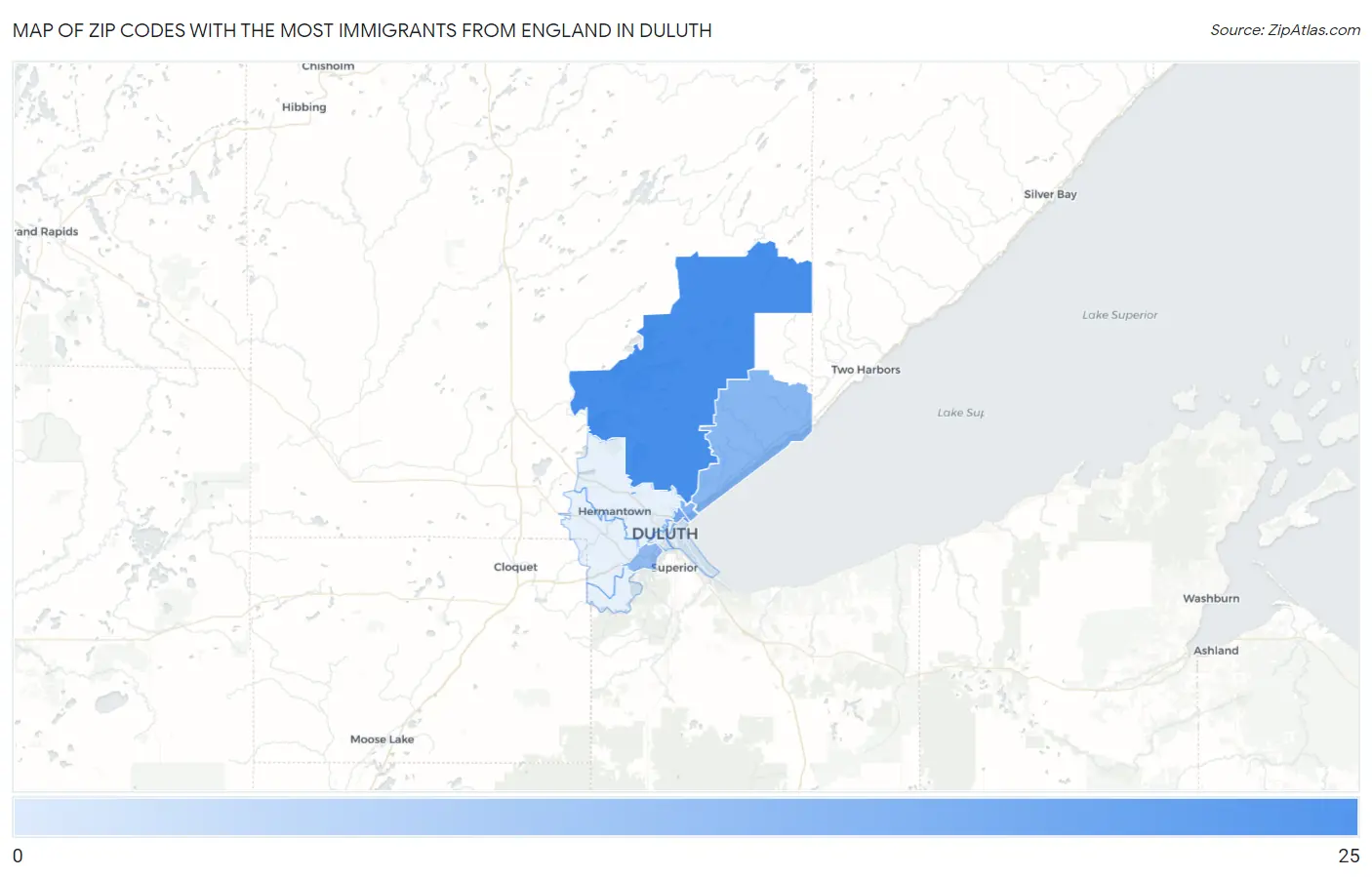 Zip Codes with the Most Immigrants from England in Duluth Map