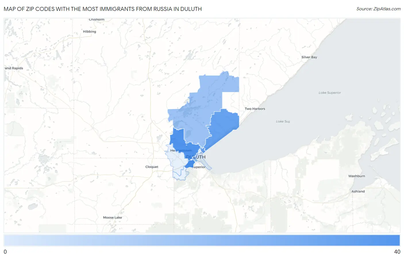 Zip Codes with the Most Immigrants from Russia in Duluth Map