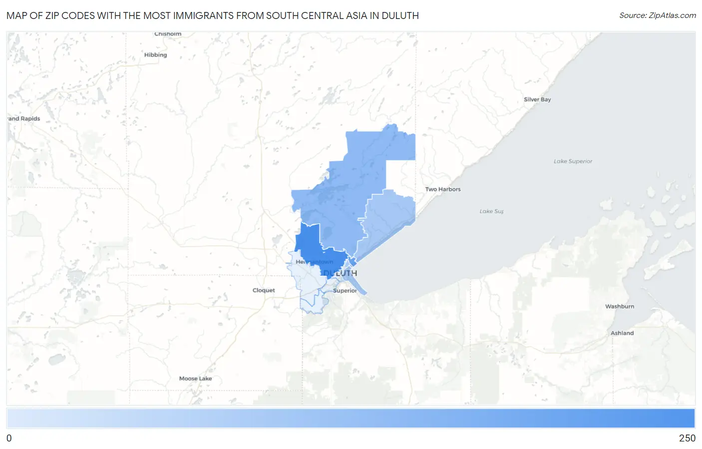 Zip Codes with the Most Immigrants from South Central Asia in Duluth Map