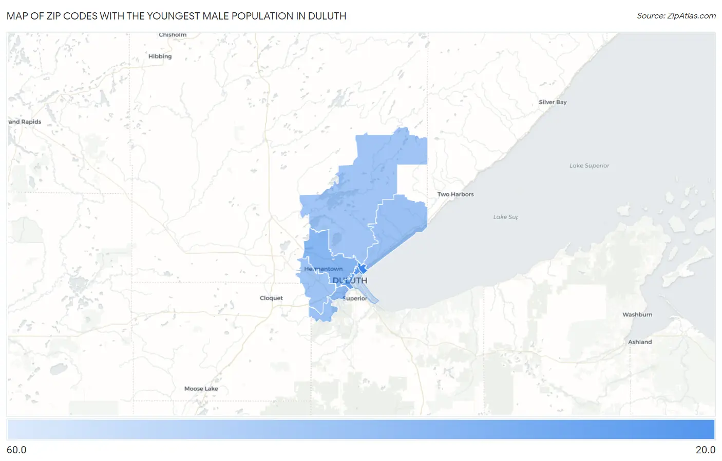 Zip Codes with the Youngest Male Population in Duluth Map