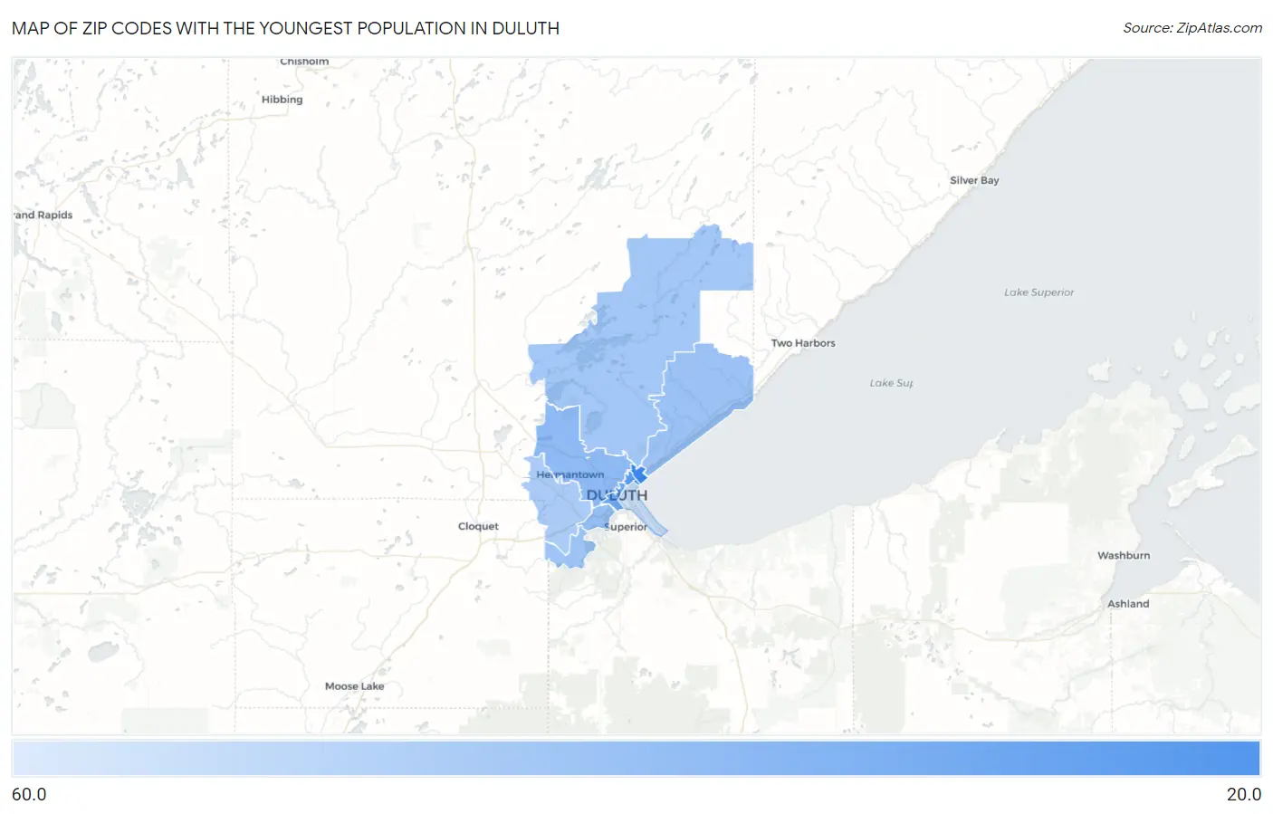 Zip Codes with the Youngest Population in Duluth Map