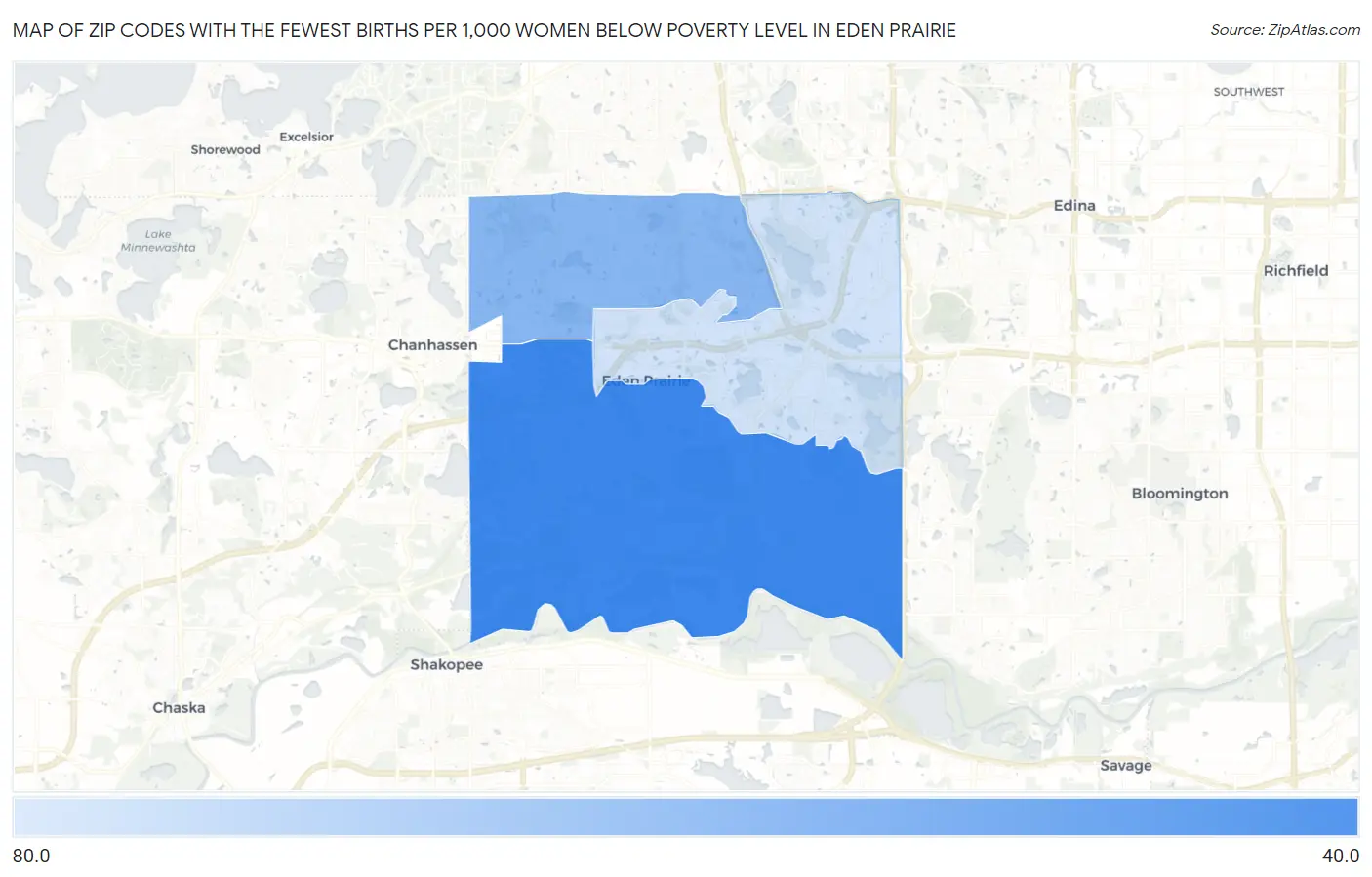 Zip Codes with the Fewest Births per 1,000 Women Below Poverty Level in Eden Prairie Map