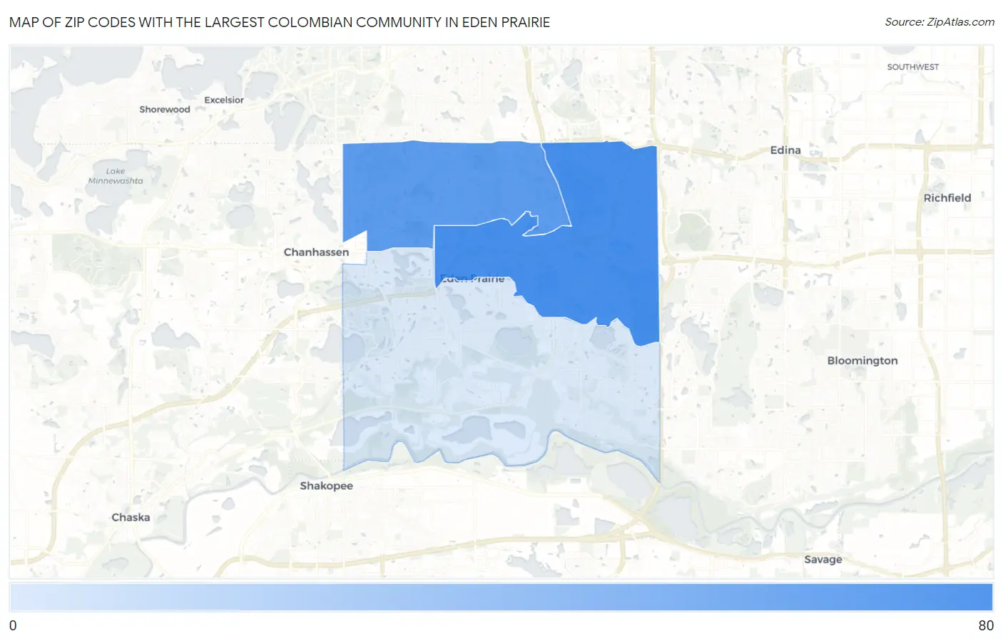 Zip Codes with the Largest Colombian Community in Eden Prairie Map