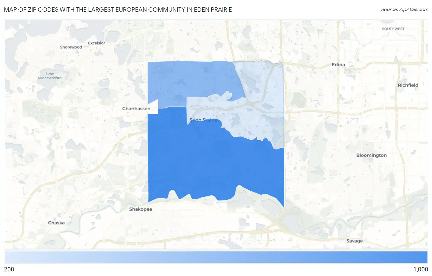 Zip Codes with the Largest European Community in Eden Prairie Map