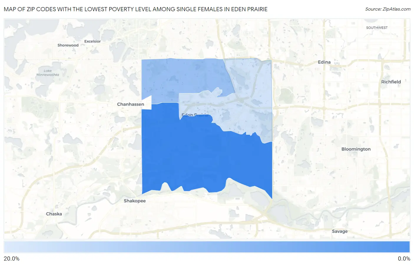 Zip Codes with the Lowest Poverty Level Among Single Females in Eden Prairie Map
