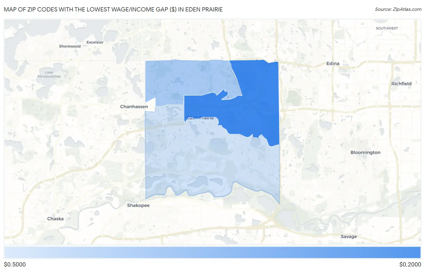 Zip Codes with the Lowest Wage/Income Gap ($) in Eden Prairie Map