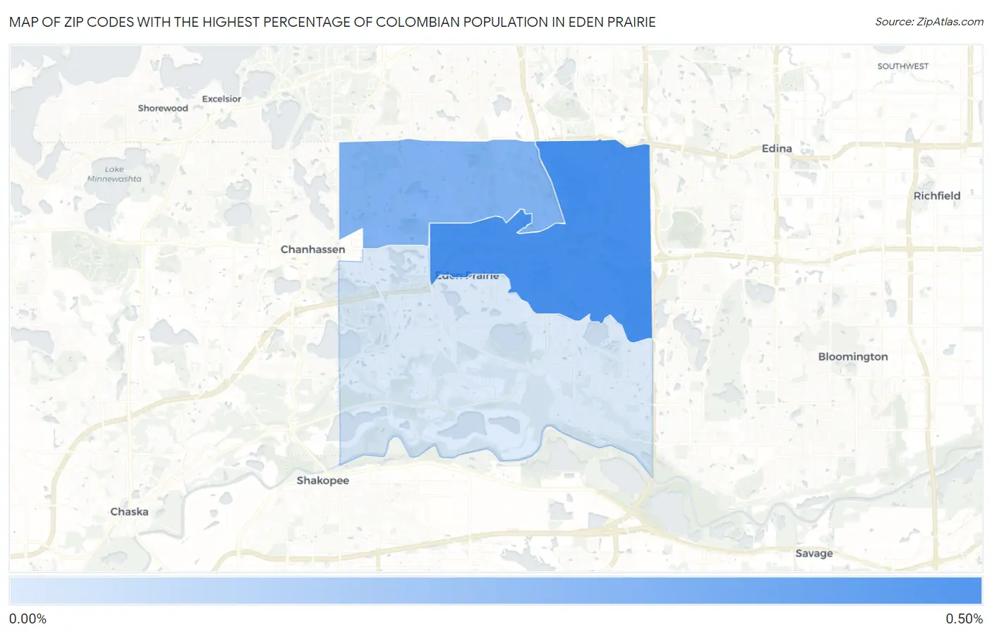 Zip Codes with the Highest Percentage of Colombian Population in Eden Prairie Map