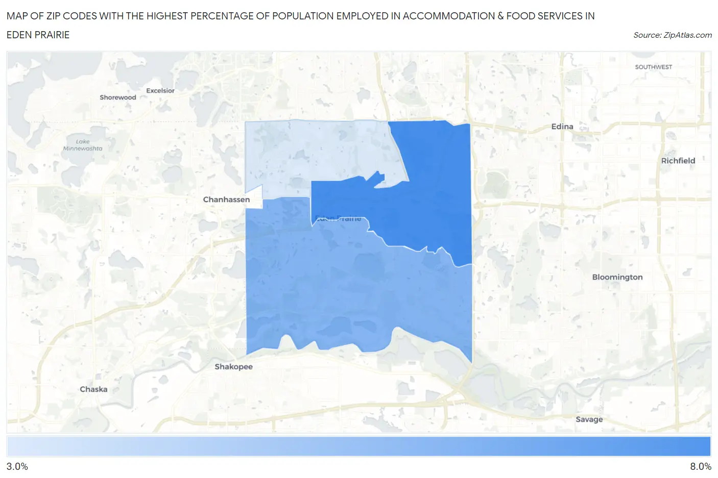 Zip Codes with the Highest Percentage of Population Employed in Accommodation & Food Services in Eden Prairie Map