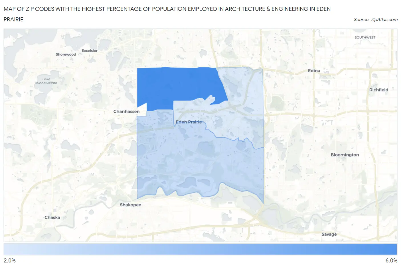 Zip Codes with the Highest Percentage of Population Employed in Architecture & Engineering in Eden Prairie Map