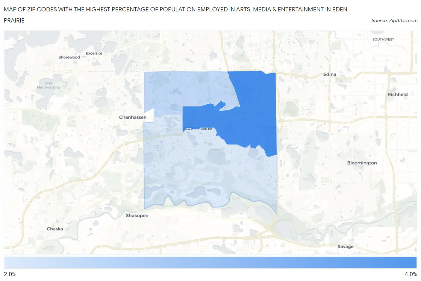 Zip Codes with the Highest Percentage of Population Employed in Arts, Media & Entertainment in Eden Prairie Map