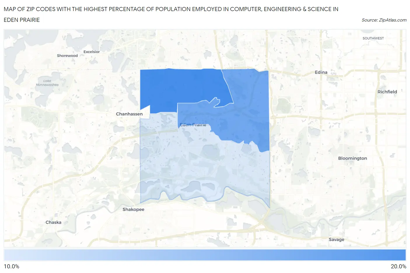 Zip Codes with the Highest Percentage of Population Employed in Computer, Engineering & Science in Eden Prairie Map