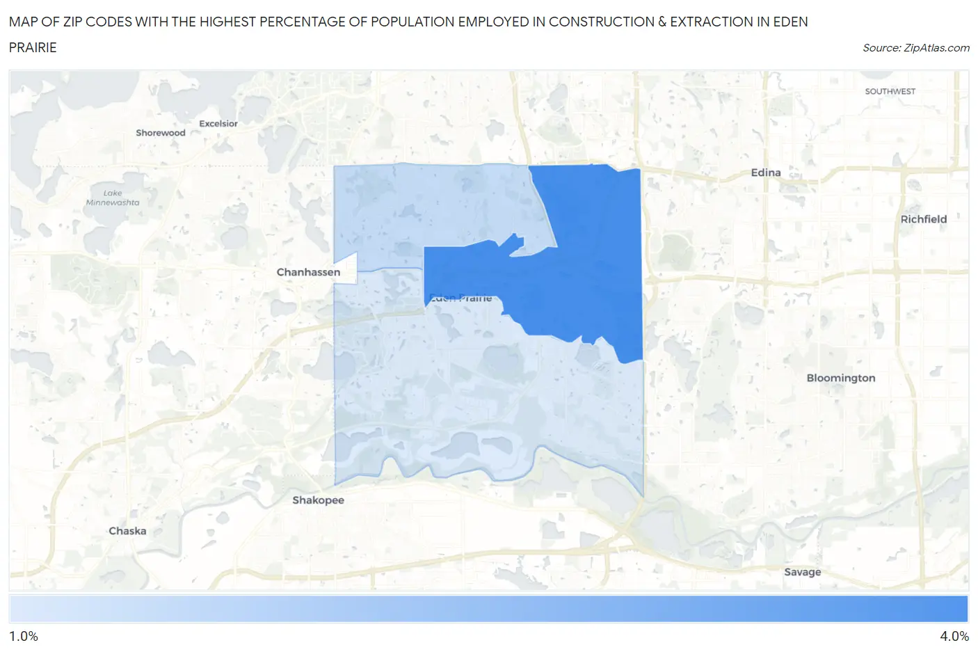 Zip Codes with the Highest Percentage of Population Employed in Construction & Extraction in Eden Prairie Map