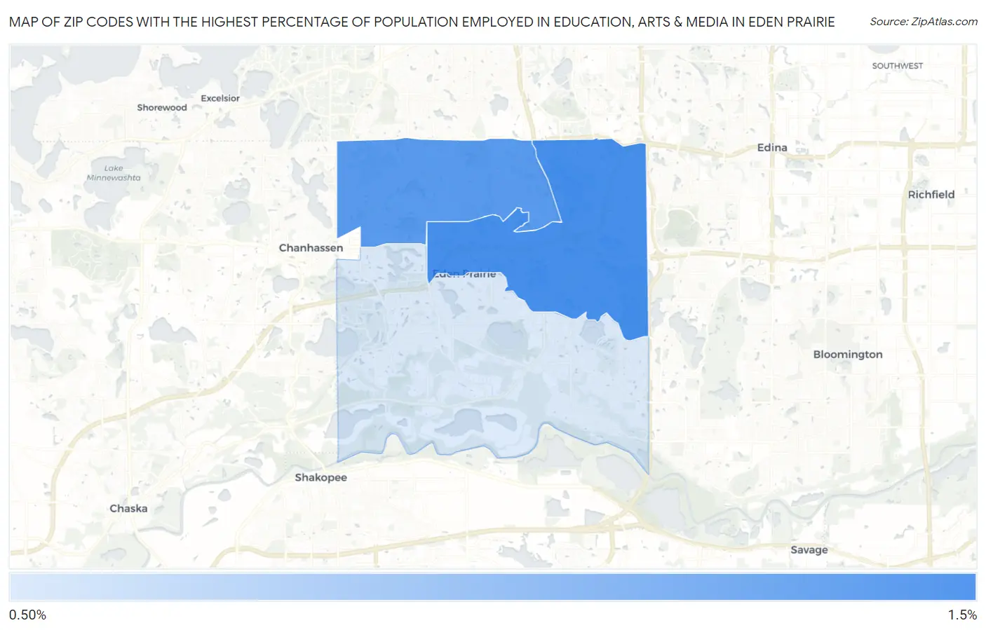 Zip Codes with the Highest Percentage of Population Employed in Education, Arts & Media in Eden Prairie Map