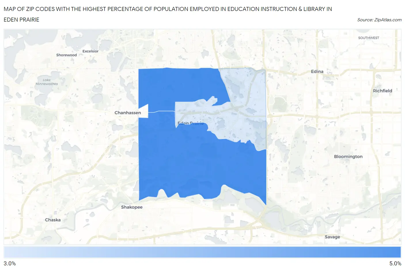 Zip Codes with the Highest Percentage of Population Employed in Education Instruction & Library in Eden Prairie Map
