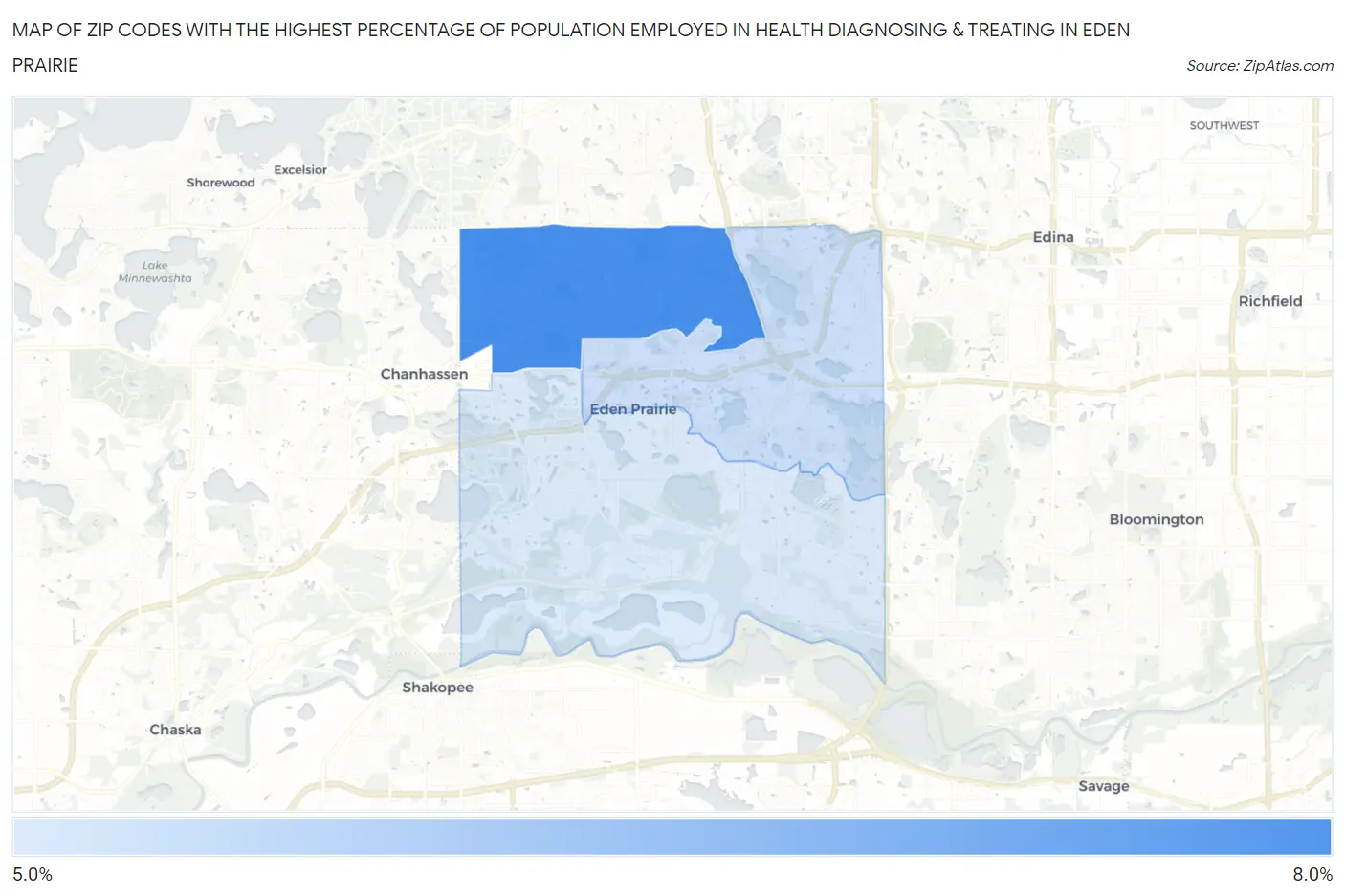 Zip Codes with the Highest Percentage of Population Employed in Health Diagnosing & Treating in Eden Prairie Map