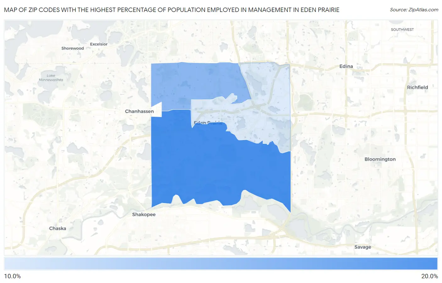 Zip Codes with the Highest Percentage of Population Employed in Management in Eden Prairie Map