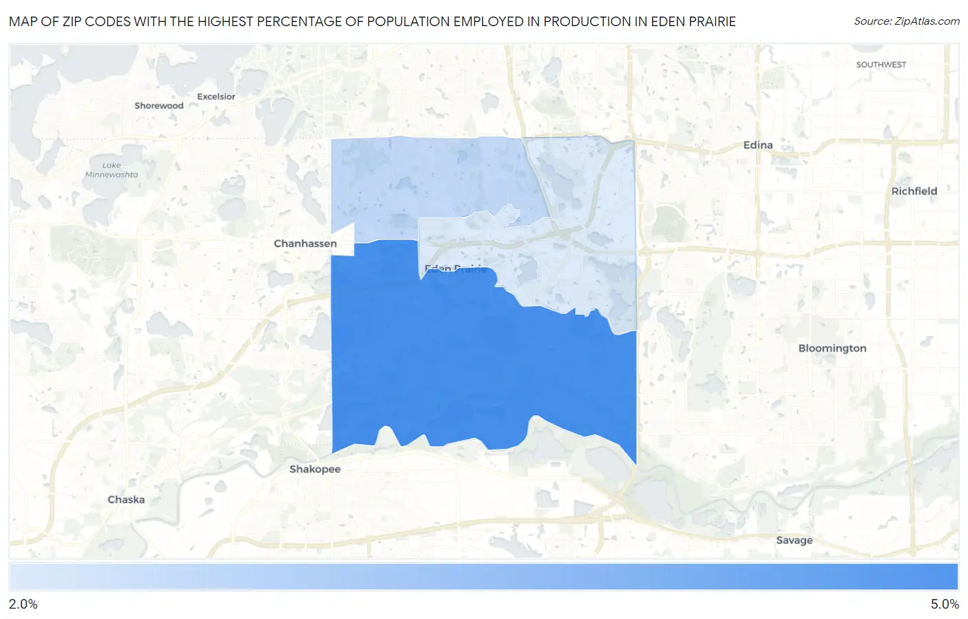 Zip Codes with the Highest Percentage of Population Employed in Production in Eden Prairie Map