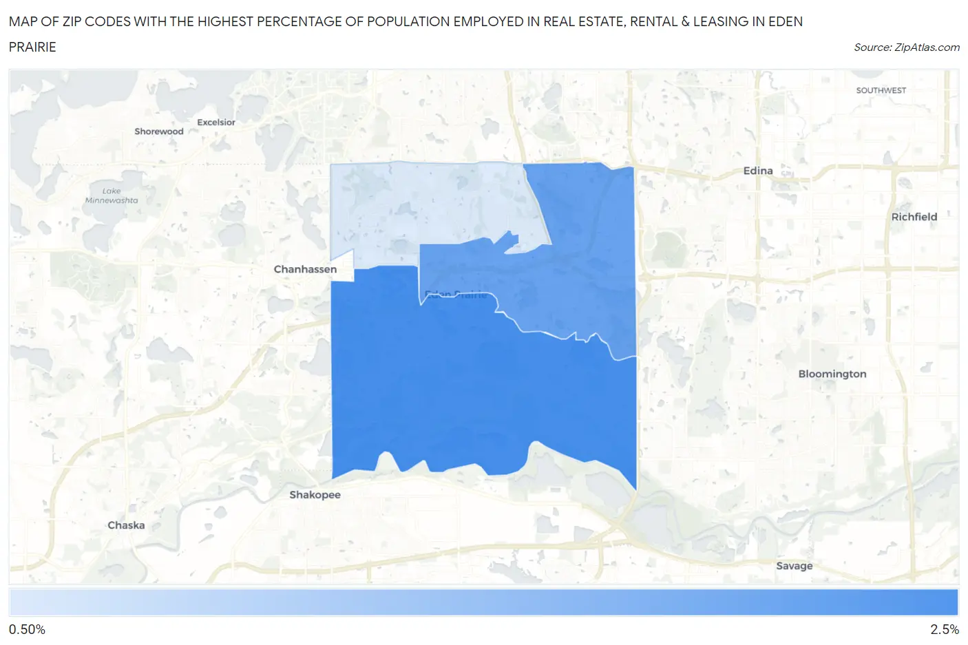 Zip Codes with the Highest Percentage of Population Employed in Real Estate, Rental & Leasing in Eden Prairie Map