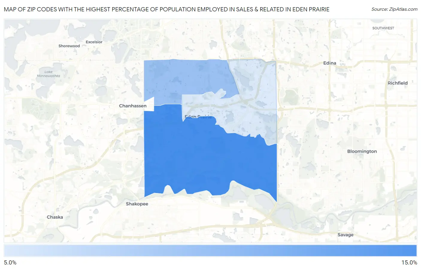 Zip Codes with the Highest Percentage of Population Employed in Sales & Related in Eden Prairie Map