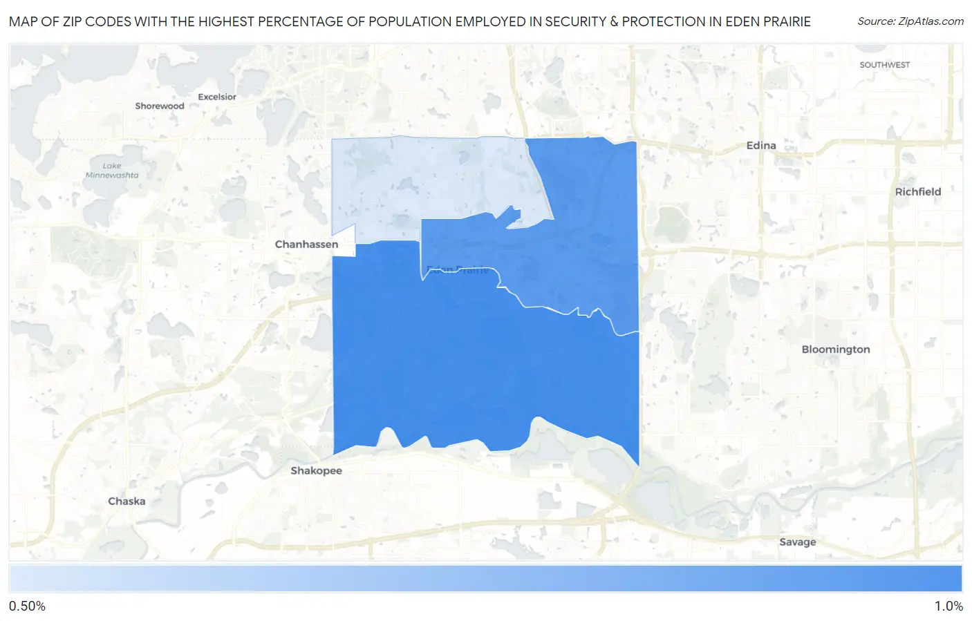 Zip Codes with the Highest Percentage of Population Employed in Security & Protection in Eden Prairie Map