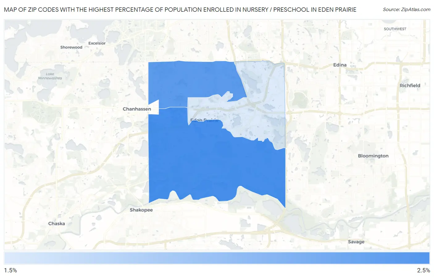 Zip Codes with the Highest Percentage of Population Enrolled in Nursery / Preschool in Eden Prairie Map
