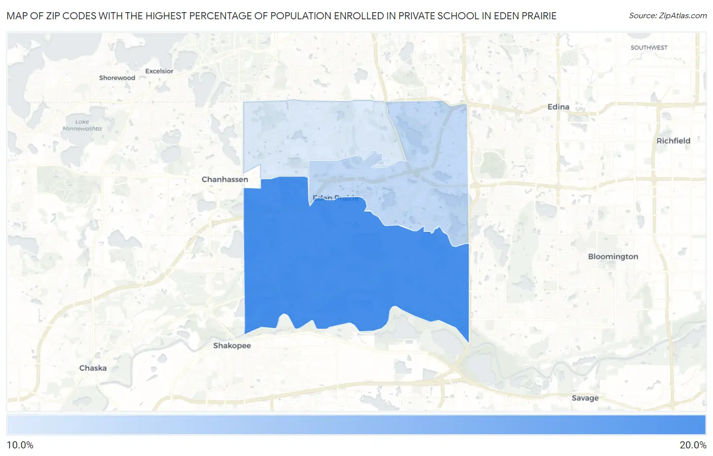 Zip Codes with the Highest Percentage of Population Enrolled in Private School in Eden Prairie Map