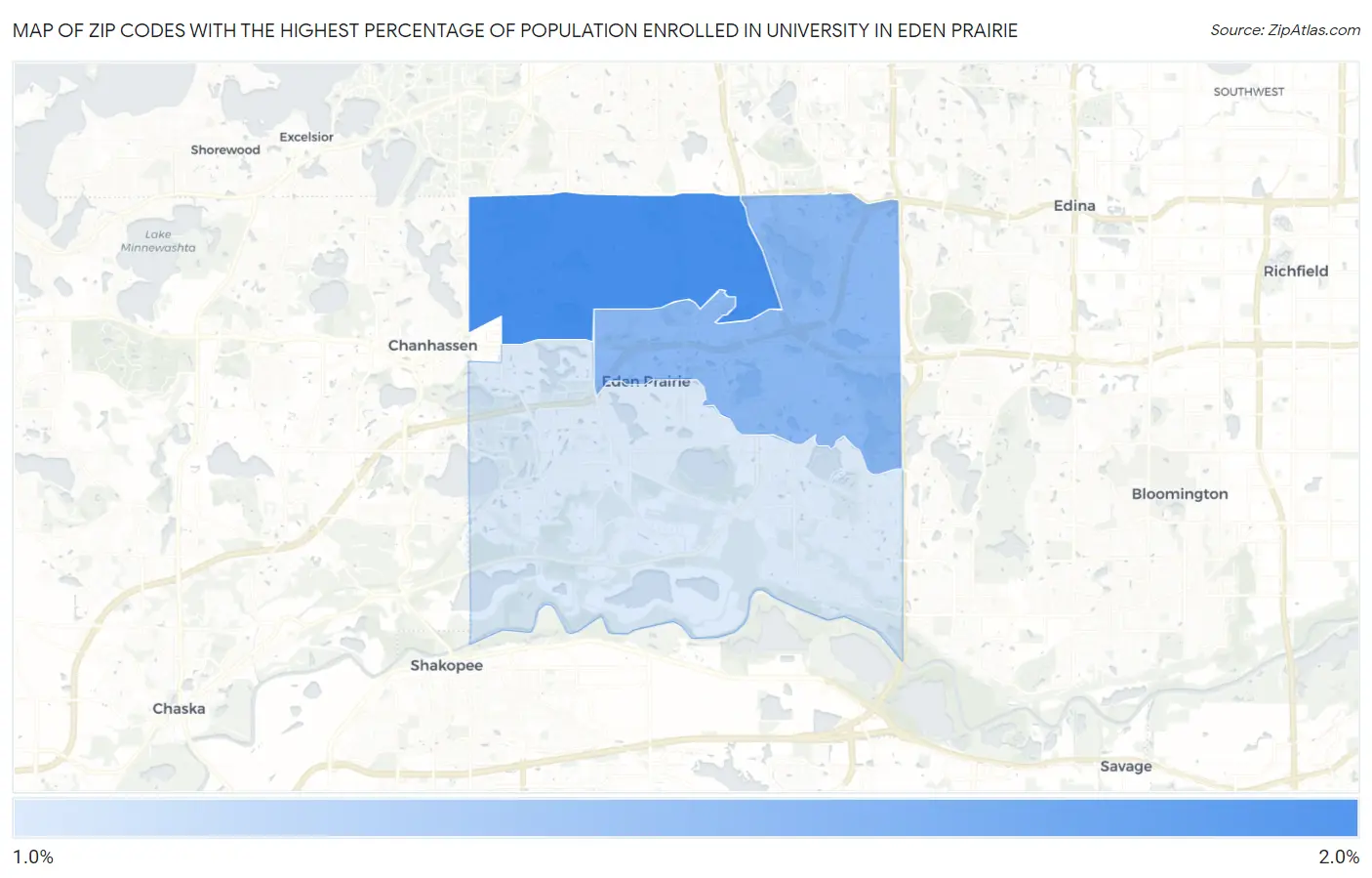 Zip Codes with the Highest Percentage of Population Enrolled in University in Eden Prairie Map