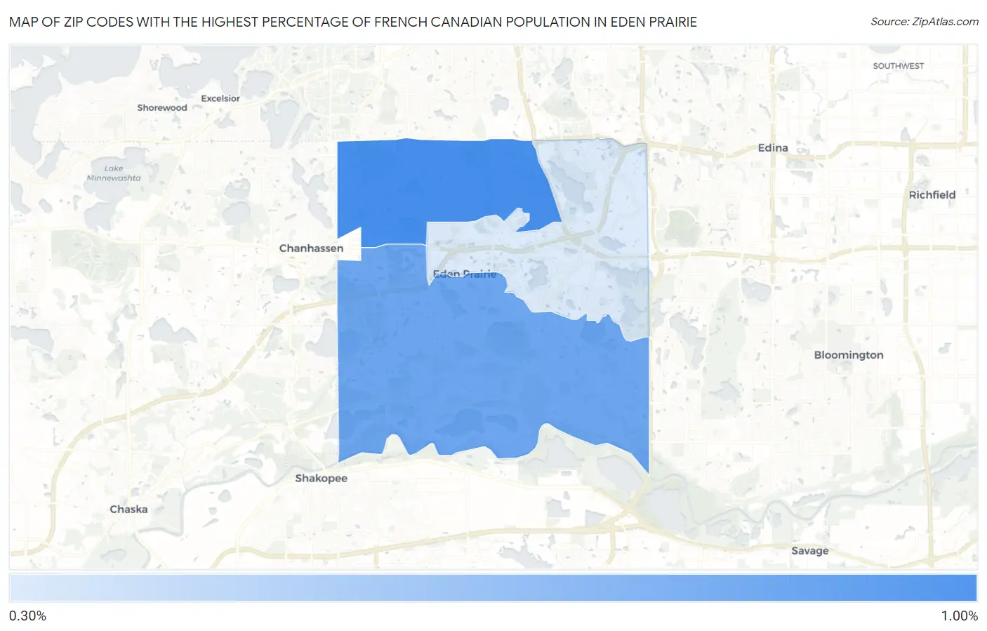 Zip Codes with the Highest Percentage of French Canadian Population in Eden Prairie Map