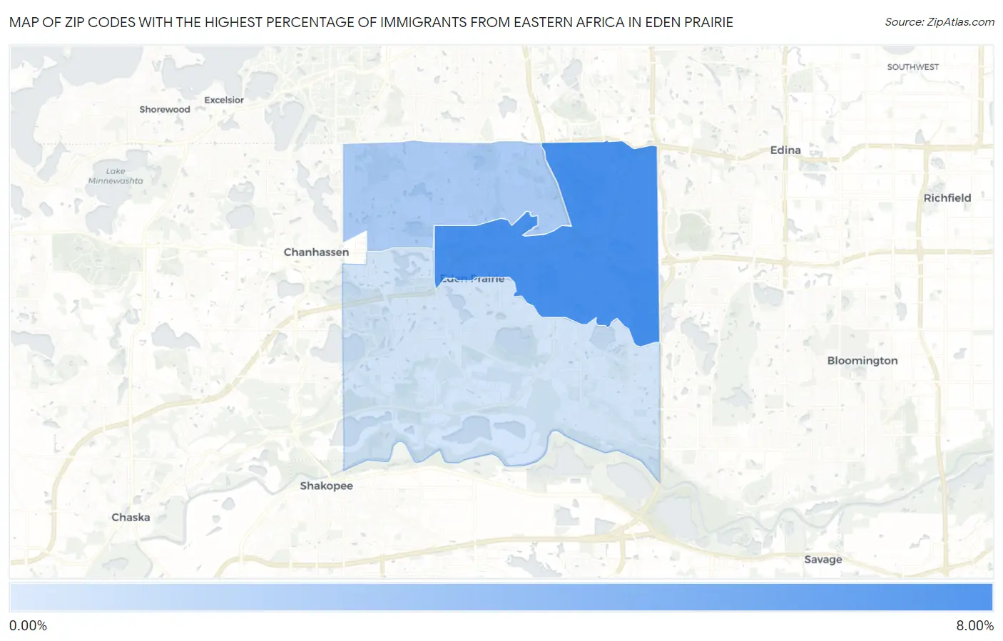 Zip Codes with the Highest Percentage of Immigrants from Eastern Africa in Eden Prairie Map