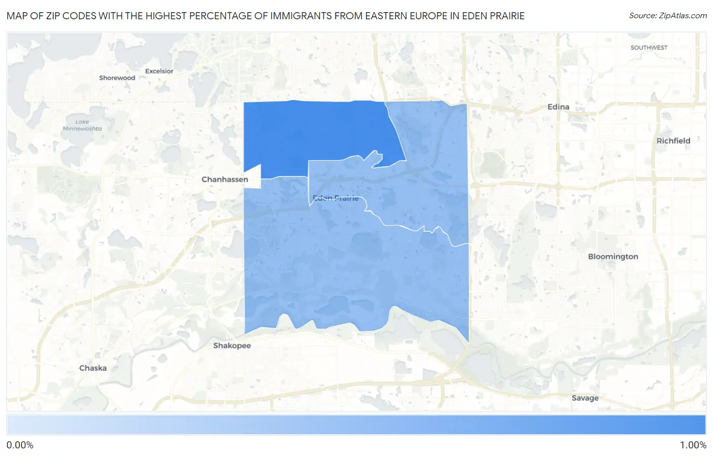 Zip Codes with the Highest Percentage of Immigrants from Eastern Europe in Eden Prairie Map
