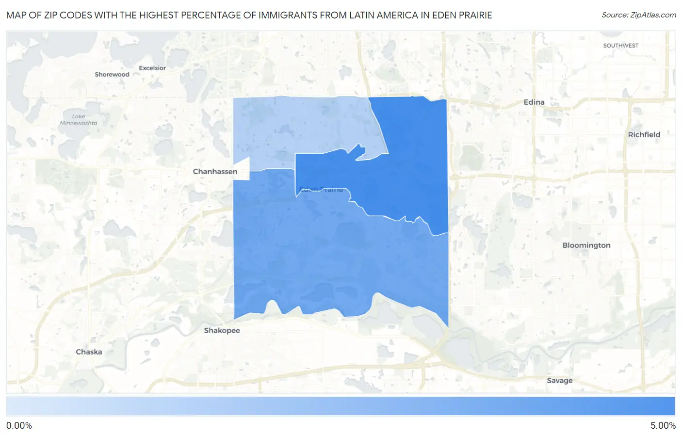 Zip Codes with the Highest Percentage of Immigrants from Latin America in Eden Prairie Map