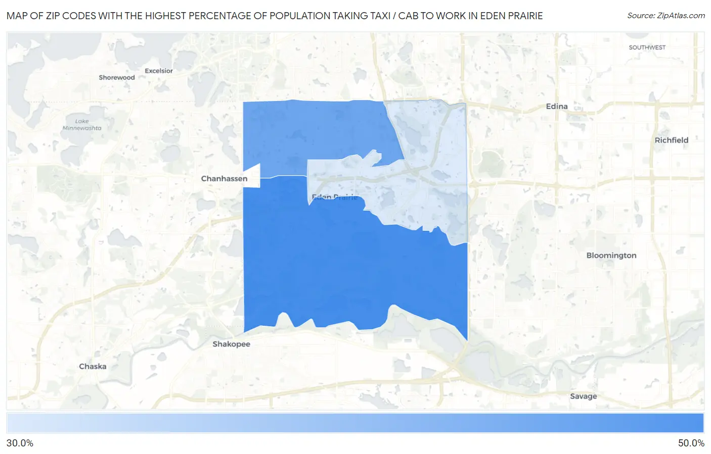 Zip Codes with the Highest Percentage of Population Taking Taxi / Cab to Work in Eden Prairie Map