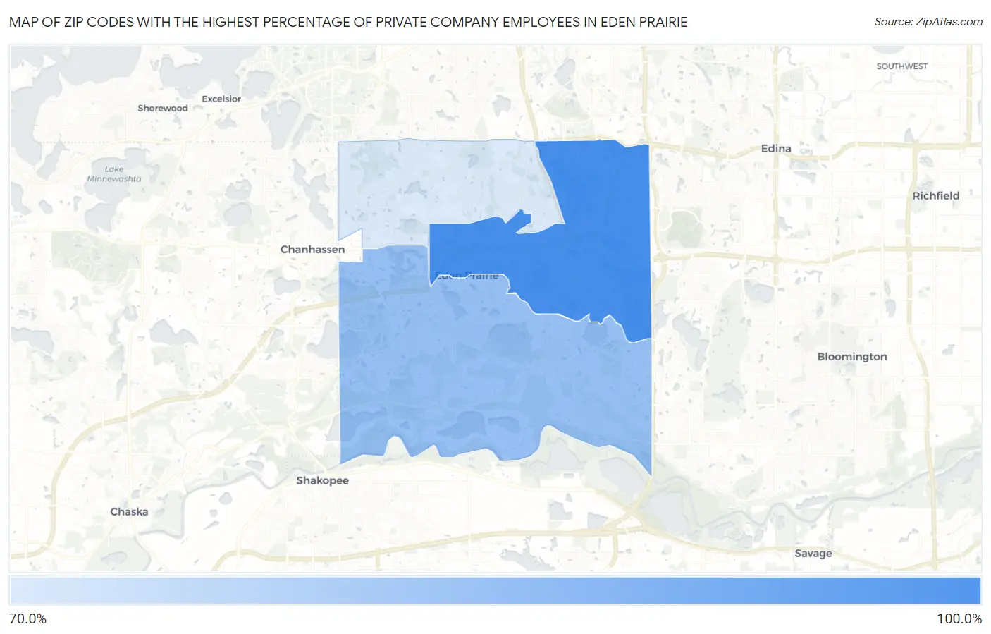 Zip Codes with the Highest Percentage of Private Company Employees in Eden Prairie Map