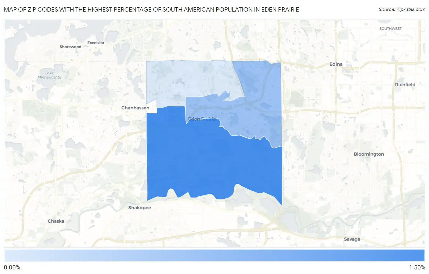 Zip Codes with the Highest Percentage of South American Population in Eden Prairie Map