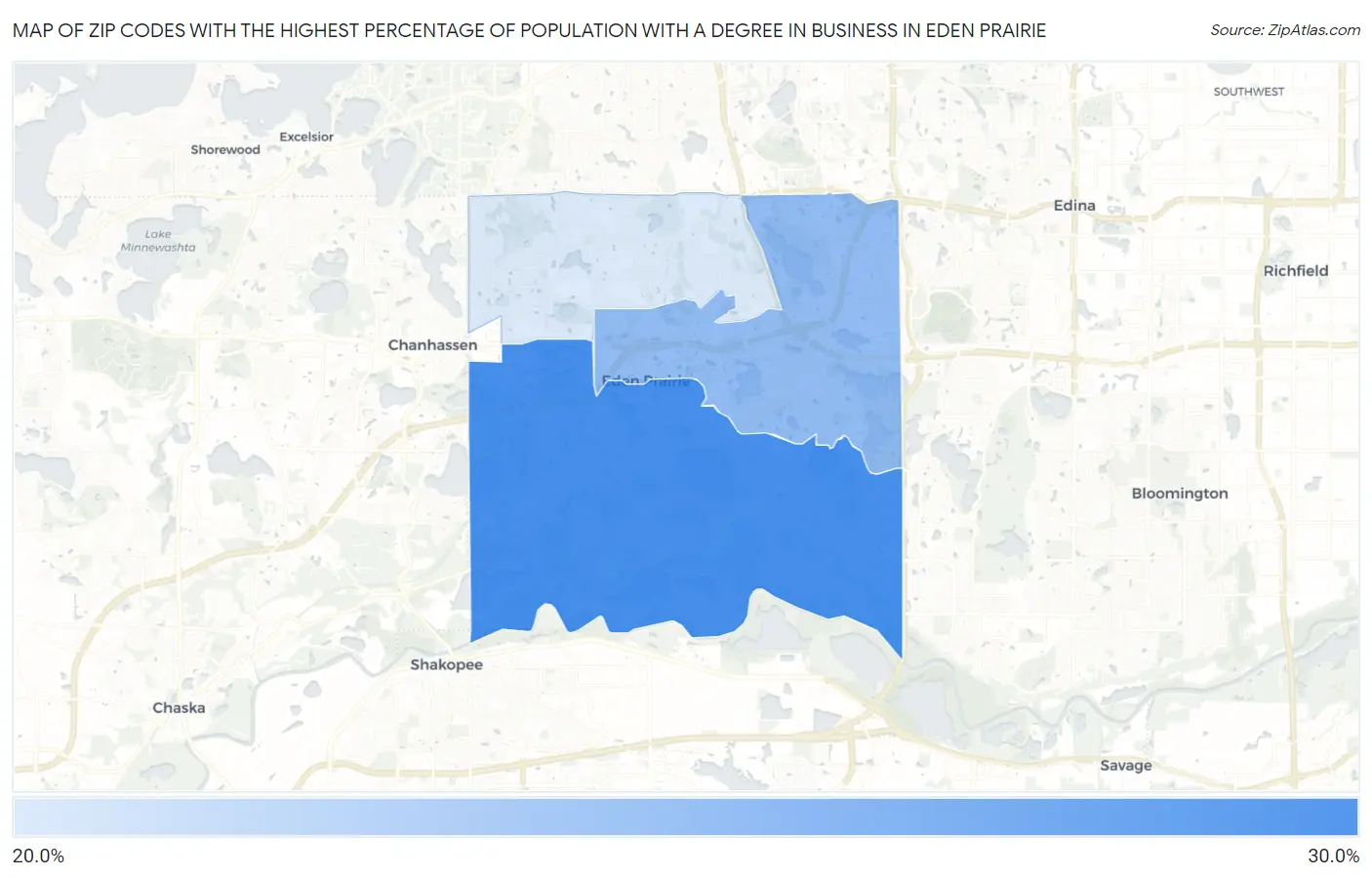 Zip Codes with the Highest Percentage of Population with a Degree in Business in Eden Prairie Map