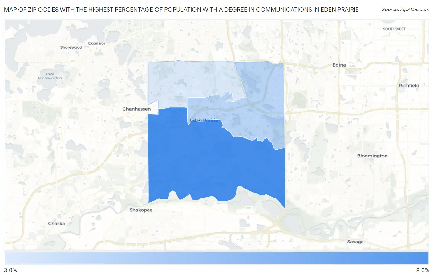 Zip Codes with the Highest Percentage of Population with a Degree in Communications in Eden Prairie Map