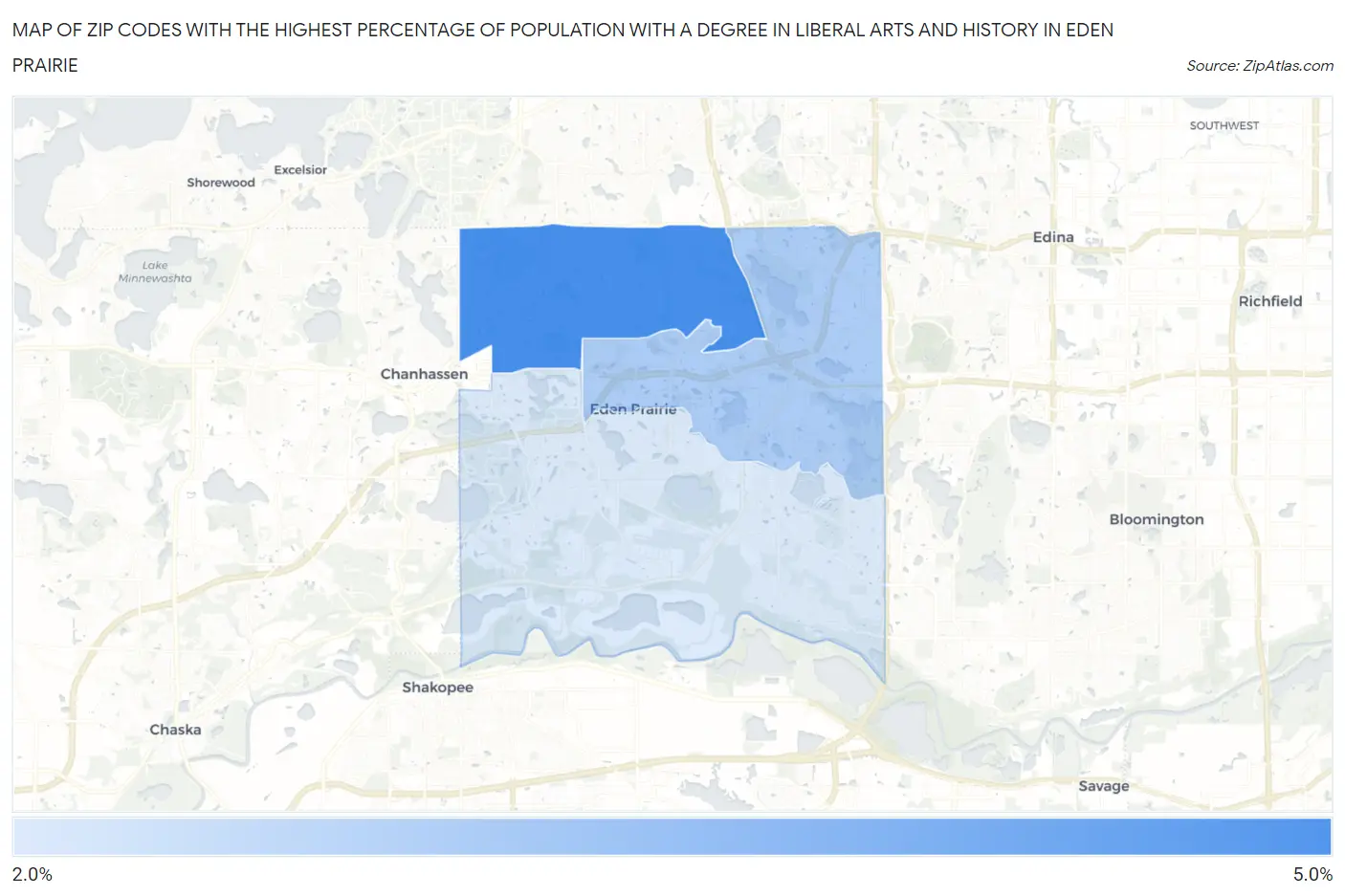 Zip Codes with the Highest Percentage of Population with a Degree in Liberal Arts and History in Eden Prairie Map