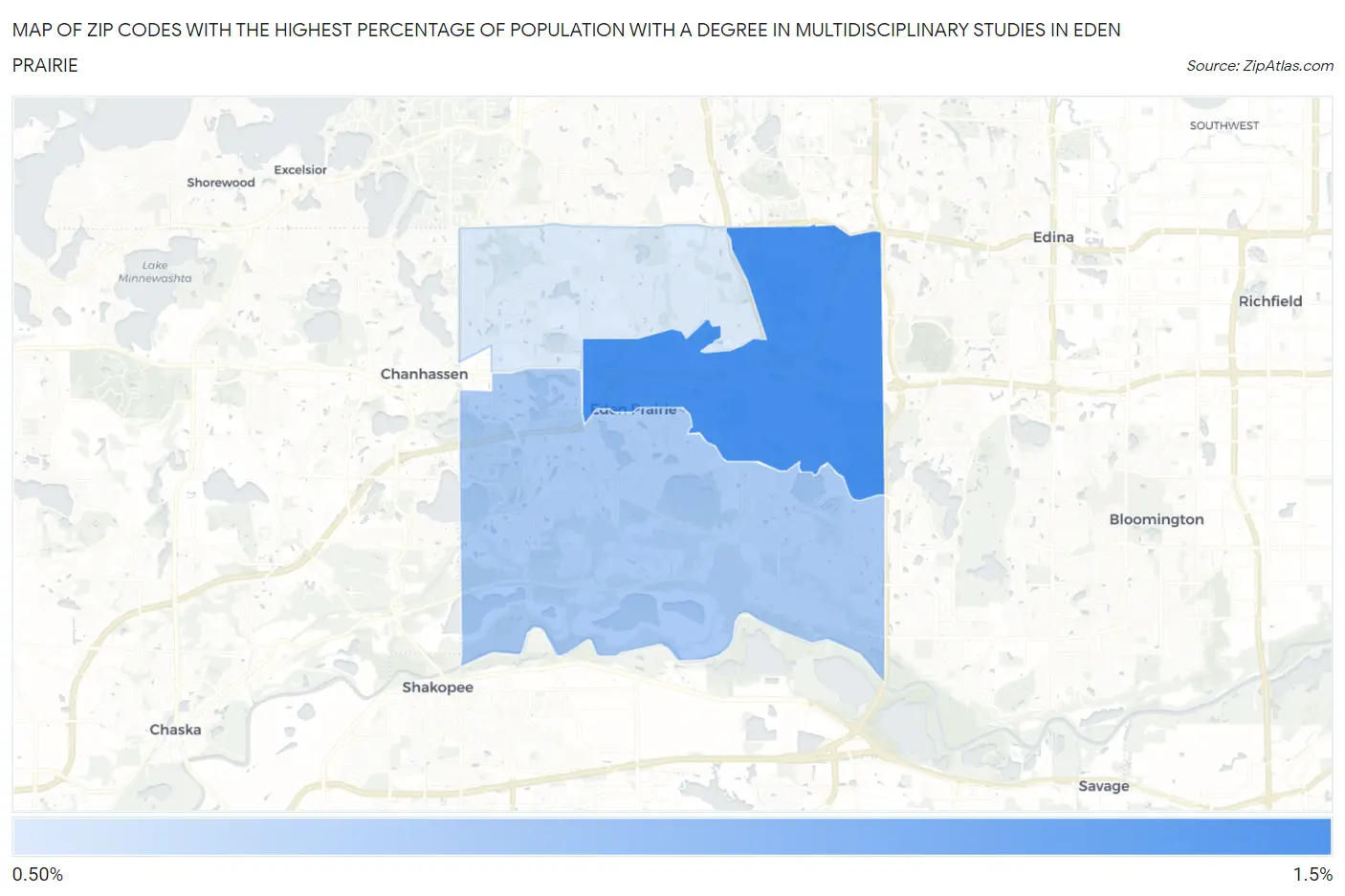 Zip Codes with the Highest Percentage of Population with a Degree in Multidisciplinary Studies in Eden Prairie Map
