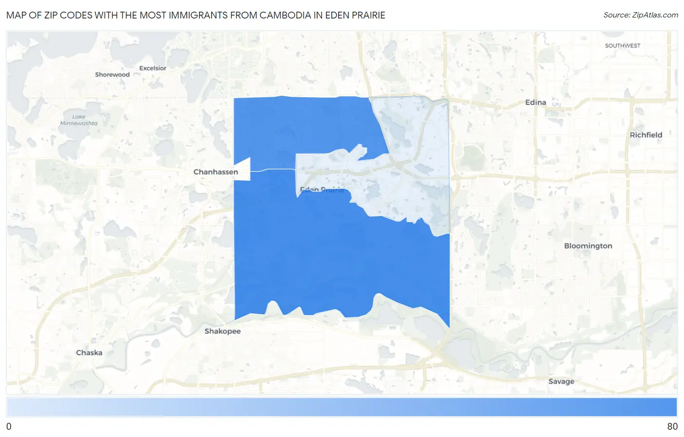 Zip Codes with the Most Immigrants from Cambodia in Eden Prairie Map